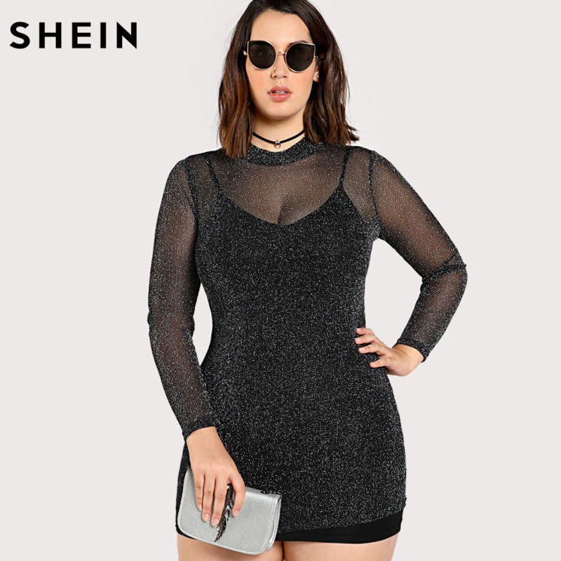 SHEIN Plus Size Black Dress Stand Collar Women Bodycon Mock Neck Glitt Top model88 SHEIN Plus Size Black Dress Stand Collar Women Bodycon Mock Neck Glitt Top model88