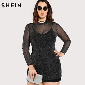SHEIN Plus Size Black Dress Stand Collar Women Bodycon Mock Neck Glitt –  Top model88